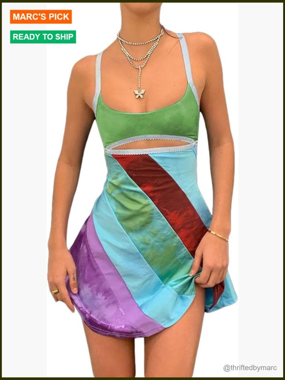 Sleeveless Rainbow Bodycon Mini Dress Y2K Retro Club Party